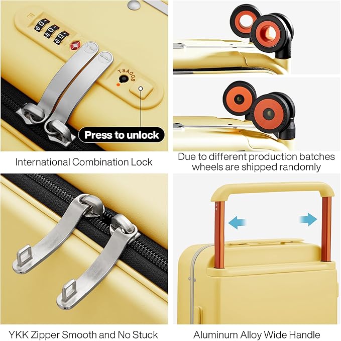 mixi Checked Luggage Wide Handle Luxury Design Rolling Travel Suitcase PC Hardside with Aluminum Frame Hollow Spinner Wheels, with Cover, 24 inch, Lark Yellow