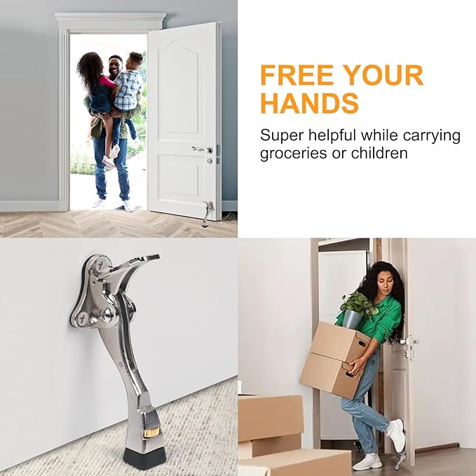 3 Packs Heavy Duty Kickdown Door Stopper, One Touch Adjustable Kickdown Door Stop for Heavy Doors, 4 in Metal Door Kickstand with Rubber Tip & Wall Protectors for Wide Doors