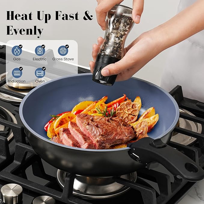 15 Pcs Pots and Pans Set Non Stick, Detachable Handle Ceramic Cookware Sets Nonstick, Non Toxic Induction RV Kitchen Cooking Set with Removable Handles, Dishwasher/Oven Safe, Easy Clean