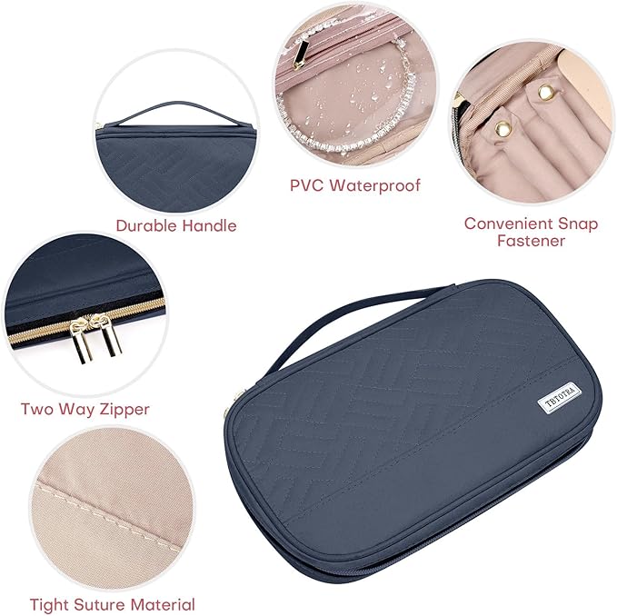 Jewelry Travel Case Organizer for Necklaces, Earrings, Rings, Bracelet, Watch, Soft Sided, Blue