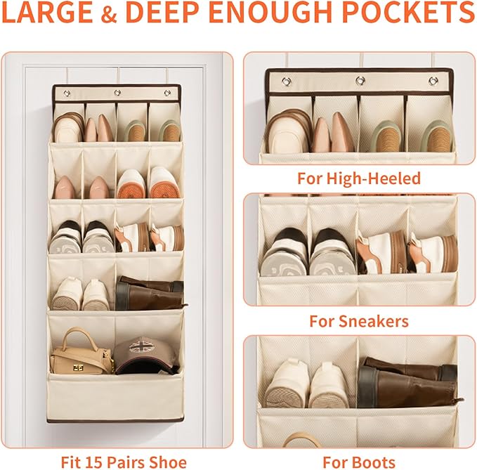 FENTEC 1 Pack Over the Door Shoe Organizers, Hanging Shoe Organizer with Large Deep Pocket Shoe Holder for Closet Shoe Rack for Wall, Over Door Shoe Storage Hold up to 18 Pairs Shoe, Beige