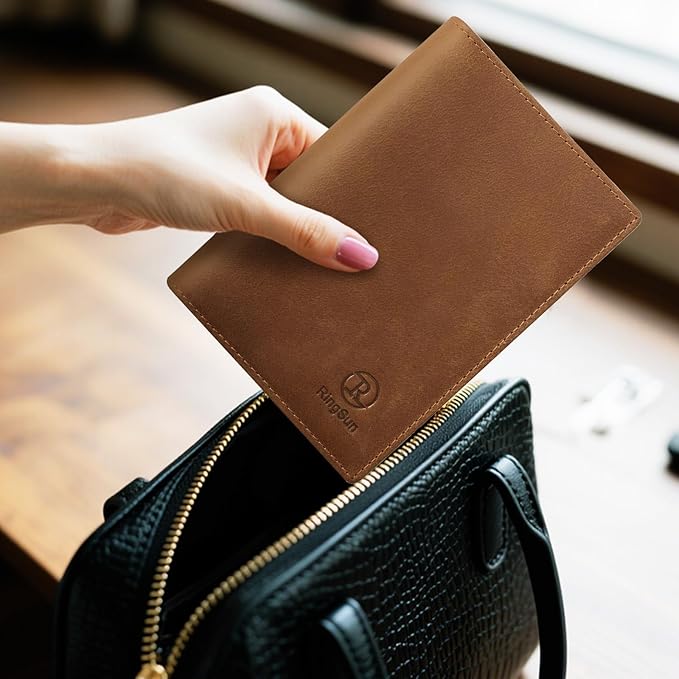 Ringsun Leather Passport Cover for Men Women, RFID Passport Wallet Case Travel Passport Holder for Family