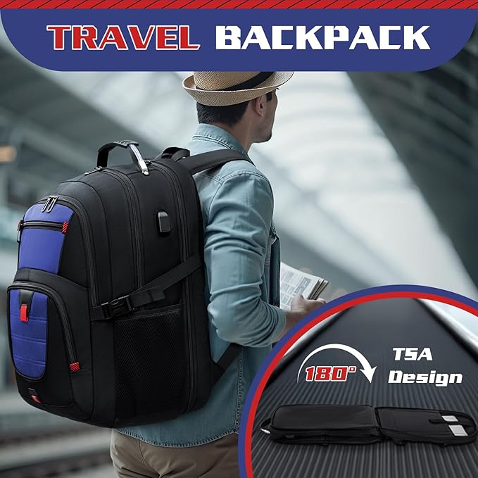 Travel Backpack, Extra Large Backpack, Laptop Bag for Men Women, Fits 17 Inch Laptop, 50L Water Resistant Flight Approved Business Work College Computer Bag, Dark Blue