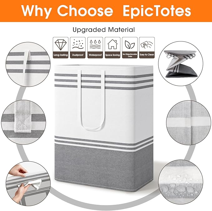 2 Pack Large Home Laundry Basket, Laundry Hamper, Freestanding Waterproof Dirty Clothes Bag, Tall Clothes Hamper - Extended & Reinforced Handles for College Dorm, Family (Light Grey/100L)