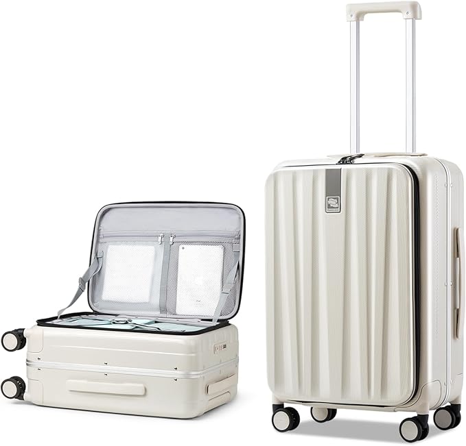 Hanke 24 Inch Checked Luggage PC Hard Case Luggage Top Opening Aluminum Frame Travel Luggage Suitcases with Wheels for Woman Men.(Ivory white)