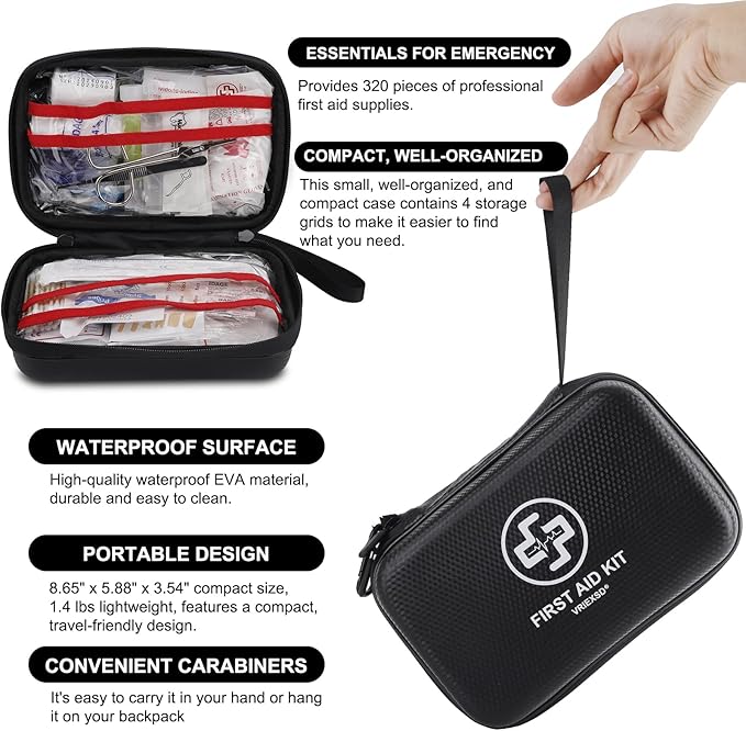 Premium First Aid Kit, 320 Piece Waterproof Hard Shell Eva First Aid Kit for Home, Camping, Cars, Hiking, Travel, Businesses & Outdoor Emergencies - Emergency Medical Kits (Black)