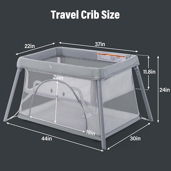 Travel Crib,Portable Crib for Baby, Pack and Play for Babies and Toddler, Lightweight Backpack Design,Foldable Travel Baby Playpen with Mattress(Light Grey)