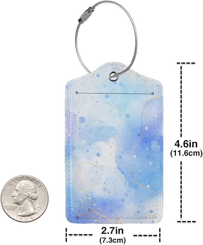 Light Blue Luggage Tags for Suitcases, 2 Pieces PU Leather Bag Tags with Full Back Privacy Cover Name ID Card Stainless Steel Loop, Blue and Gold Marble Baggage Tags for Women Girls Men Boys Travel