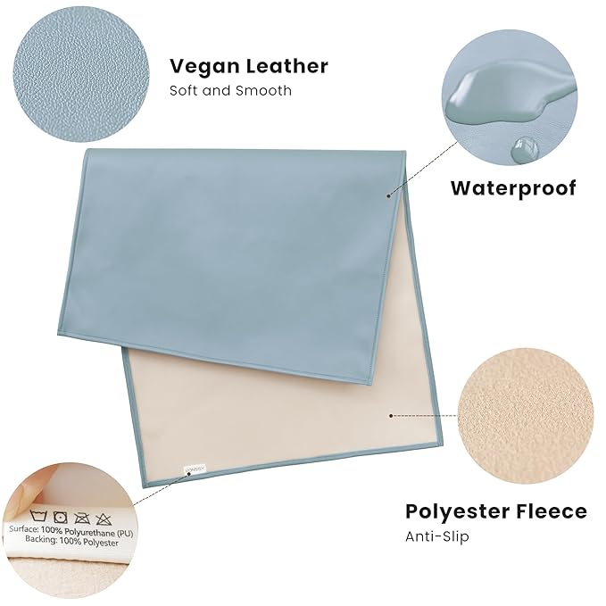 Konssy Faux Leather Baby Changing Mat, Waterproof, Wipeable & Portable Diaper Changing Pad for Travel or Home, Fits Perfectly in Diaper Bag, 30 x 17 inches (Blue,Beige)
