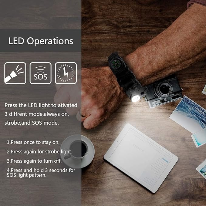 20 in 1 Survival Paracord Bracelet Adjustable Gear Kit with SOS LED Light, Fire Starter, Bigger Compass, Survival Whistle, Perfect for Camping, Hiking, Fishing