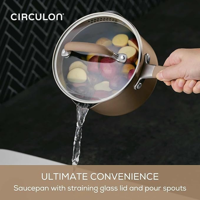 Circulon A1 Series with ScratchDefense Technology Nonstick Induction Pots and Pans, Metal Utensil Safe, Includes Splatter Guard, Slotted Turner and Silicone Trivets, 10 Piece Cookware Set - Champagne