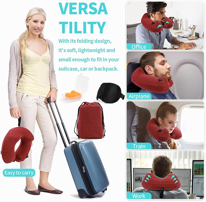 Inflatable Travel Neck Pillow for Airplane, Head Support Velvet Adult Neck Pillow for Long Flight, Kit with Eye Mask, Earplugs and Storage Bag,1, Red