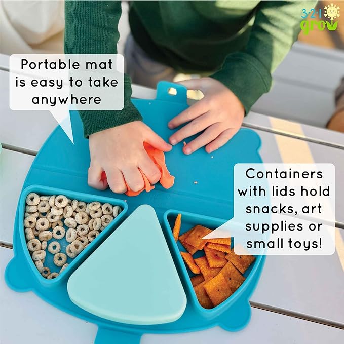 On-The-Go Snack Mat – Baby Silicone Travel Dining Placemat – Portable Silicone Toddler Plate – Reusable Snack Container with 3 Compartments and Lids for 6 Months + (Ocean)
