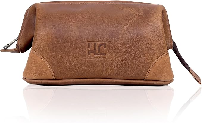 HLC Leather Toiletry Bag for Men - Best Gift for Men - Premium Genuine Leather Dopp Kit Shaving Kit Organizer Travel Kit Pouch Bag for Men - Large Size (Tan)