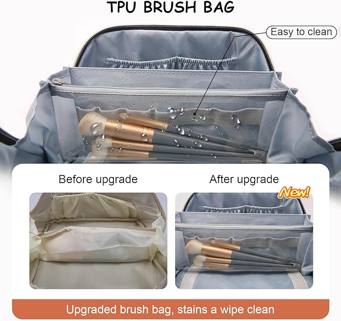 BOYATU Travel Makeup Bags for Women: 3 Pcs Large Make up Bags Set - Vegan Leather Cosmetic Bag for Traveling - Waterproof Toiletry Organizer Wide Open Portable Pouch (L08 Brown)