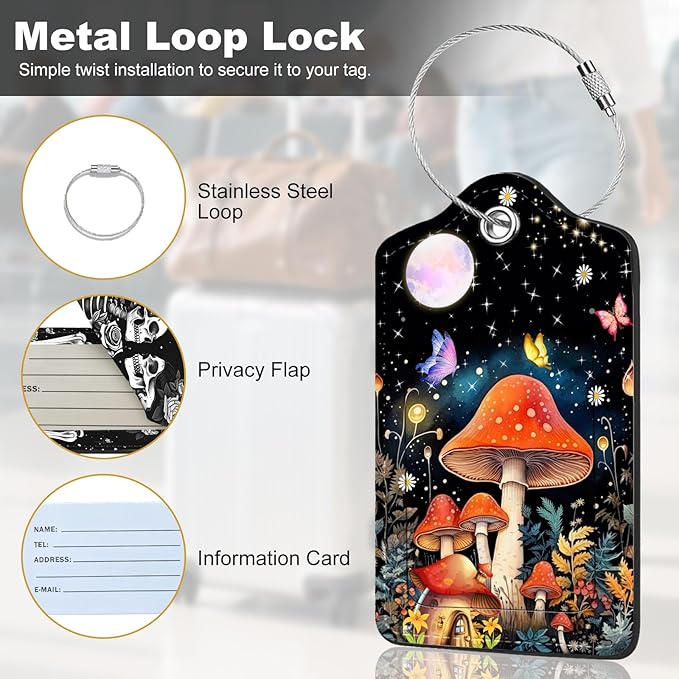 2Pack Luggage Tags for Suitcases, Cute Unique Pu Leather Cruise Luggage Tag with Privacy Cover ID Label Address Card and Metal Ring Suitable for Women Men Kids Travel Bag Mushrooms and The Moon