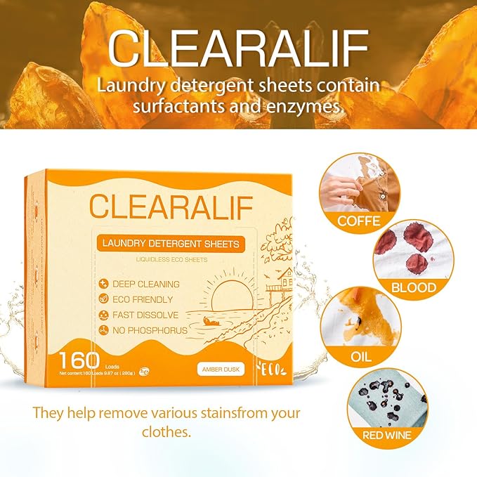 Laundry Detergent Sheets Up to 160 Loads, Amber Dusk - Great For Travel,Apartments, Dorms,CLEARALIF Laundry Detergent Strips Eco Friendly & Hypoallergenic - 80 Sheets
