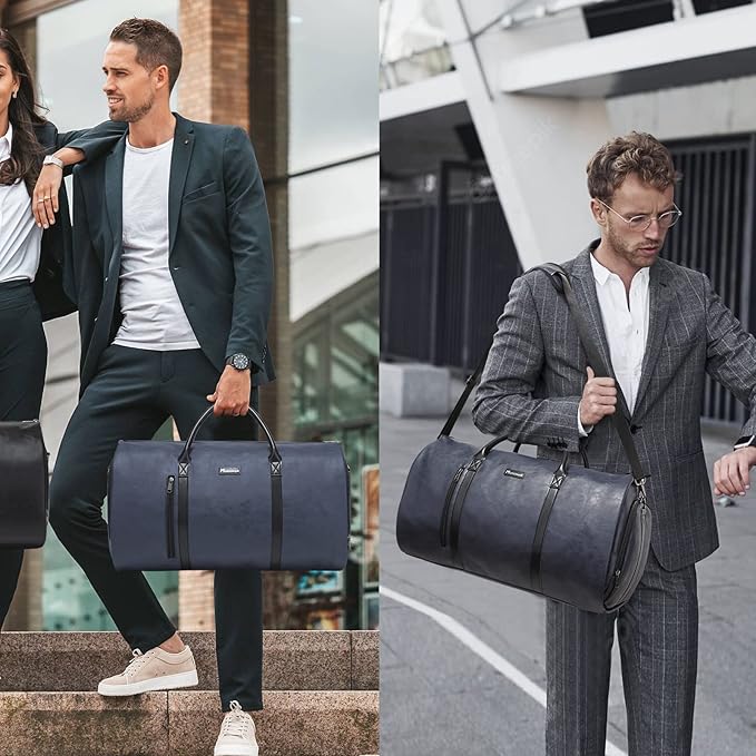 Modoker Convertible Leather Garment Bag, Carry on Garment Bags for Travel, Garment Duffel Bag, Gifts for Men Women Business Waterproof Suitcase Suit Travel Bags, Blue