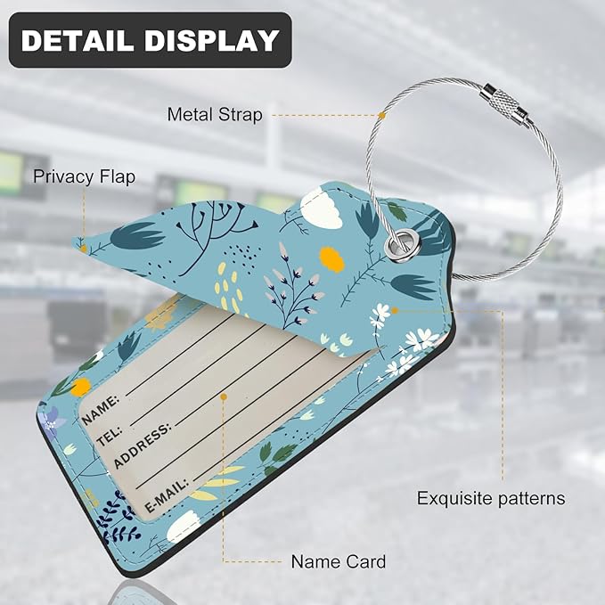 2Pack Luggage Tags for Suitcases, Cute Unique Pu Leather Cruise Luggage Tag with Privacy Cover ID Label Address Card and Metal Ring Suitable for Women Men Kids Girls Travel Bag Tag Blue Floral Print