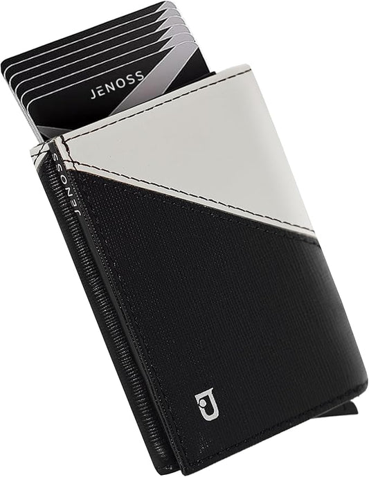 Jenoss Smart Wallet For Men: Full Grain Leather, Handcrafted, Slide Metal Pop Up Case, Slim RFID Blocking Credit Card Holder, Minimalist, Compact 12 Cards Slot Organizers, ID, Money Clip (Black&Cream)