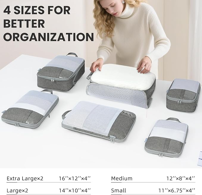 8 Set/6 Set/4 Set Compression Packing Cubes for Travel, Lightweight Vacation Travel Essentials, Travel Accessories for Suitcase Organizer Bags Set, Durable Luggage Organizer