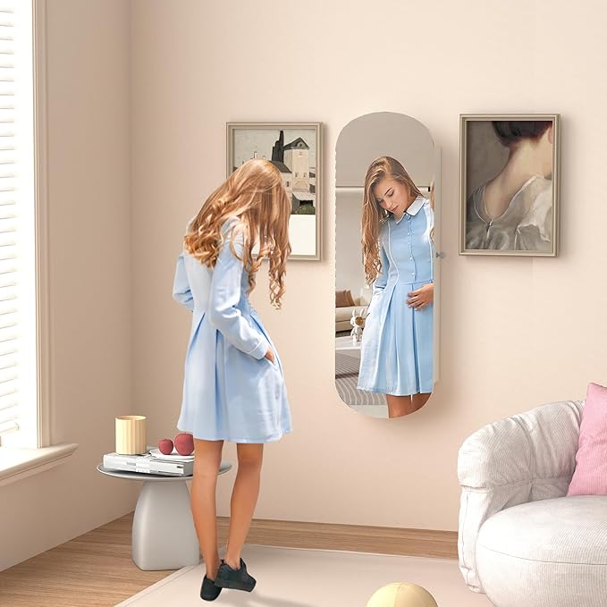 RQZ 8 LEDs Mirror Jewelry Cabinet, Rounded Wide Jewelry Armoire Organizer, Wall or Door Mounted Lockable Jewelry Storage with Interior Mirror, 2 Drawers (43.7" H)