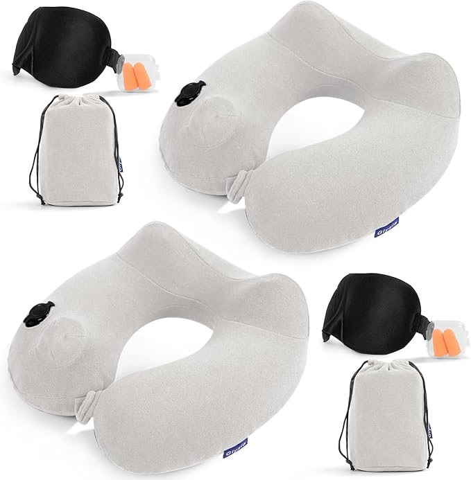 2 Pack Inflatable Travel Neck Pillows for Airplanes, Head Support Velvet Adult Neck Pillows for Long Flight, Kit with Eye Mask, Earplugs and Storage Bag, 2, Light Gray