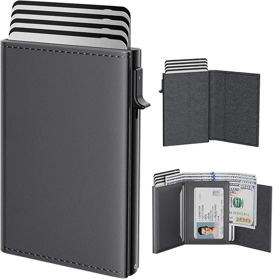 typecase Mens Wallet Card Holder: Pop Up Aluminum Case, Premium Genuine Leather, Smart, RFID Blocking, Slim, Minimalist, Front Pocket - 9-14 Card Capacity | ID Window | Cash Slot - Deep Grey