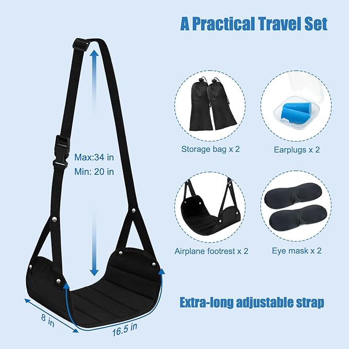 2 Pack Foot Hammock for Plane Travel, Portable Airplane Foot Rest Leg Hammock for Airplane Travel, Adjustable Plane Footrest Foot Sling for Long Flight