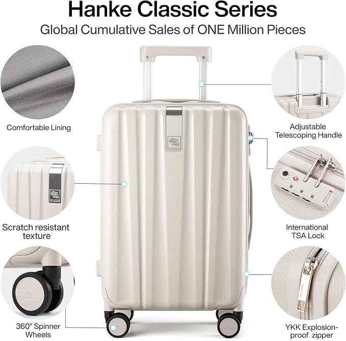Hanke Luggage Sets 3 piece Carry On Luggage with Wheels PC Hard Shell Suitcases Lightweight Checked Tsa Luggage Extra Large Travel Suitcase Woman Men 20/24/29 Inch(Ivory White)