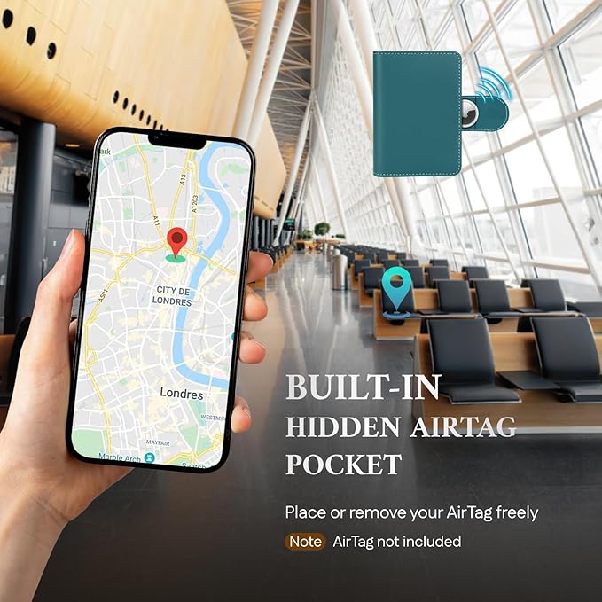 ALLIVE Rfid Passport Holder for Travel, Women & Men, Passport Cover Wallet with AirTag Hidden, Genuine Leather Passport Holder Essential for Business Travel, Airport Security (Lake Blue)