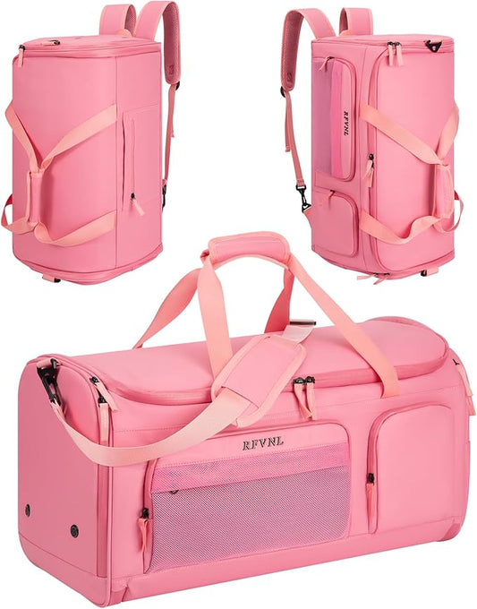 Large 3 In 1 Waterproof Garment Duffle Bags with Shoe Compartment, Mens Carry On Convertible Garment Bags Combo with Wet Compartment, Suit Bag Travel for Men and Women (pink)