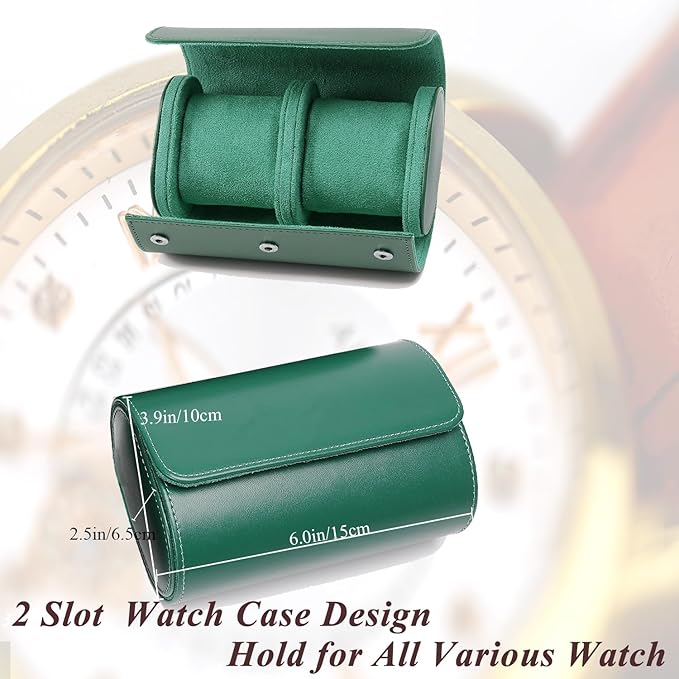 Watch Travel Case, Luxury Leather Watch Roll 2 Slot Organizer Box, Jewelry Storage Case Gifts for Man and Woman Christmas Anniversary Birthday (Green-2slot)