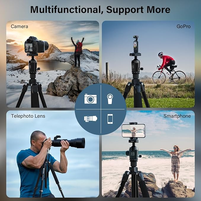 Geekoto 73-Inch Camera Tripod - Lightweight DSLR Tripod with 360° Ball Head & Quick Release Plate, Supports Up to 33.07 lbs, Portable for Travel & Outdoor Photography