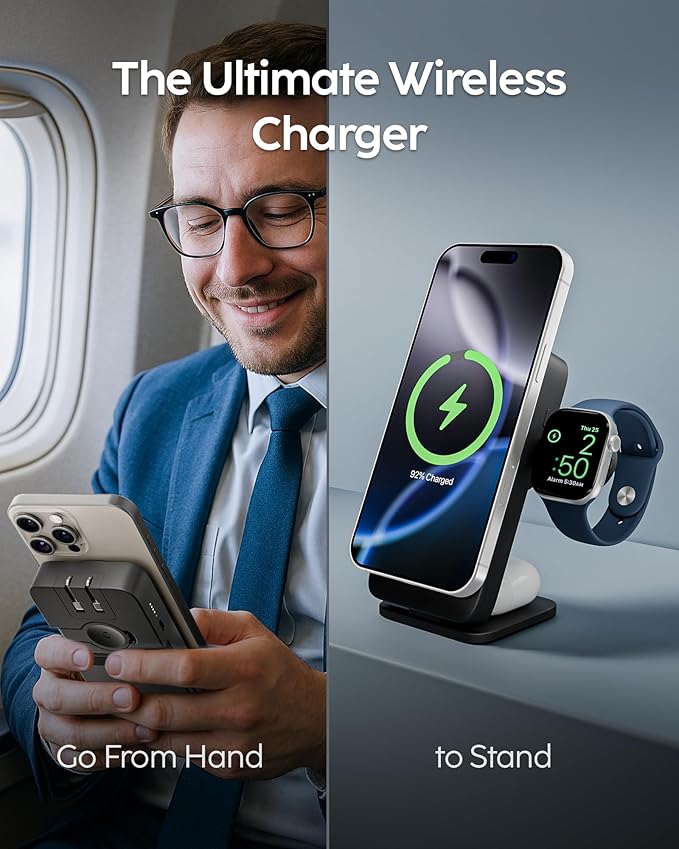 myCharge EcoHub 3 in 1 Apple Charging Station & Magsafe Battery Pack | Wireless Charger for iPhone, iWatch, AirPods | Magnetic Portable Charger with Wall Plug | Travel-Ready & Foldable