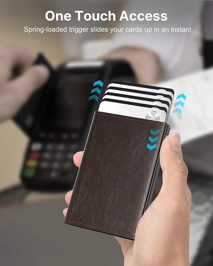 typecase Mens Wallet Card Holder: Pop Up Aluminum Case, Genuine Leather, Smart, RFID Blocking, Slim, Minimalist, Front Pocket - 9-14 Card Capacity | ID Window | Cash Slot (Black Brown)