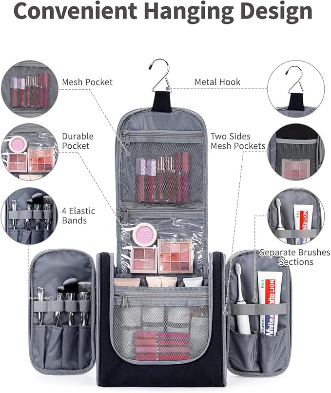 Narwey Hanging Toiletry Bag for Women Travel Makeup Bag Organizer Toiletries Bag for Cosmetics Essentials Accessories (Large, Black)