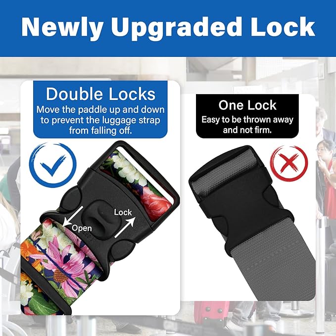 2 Pack Luggage Straps for Suitcases, Adjustable Travel Belt with Double Lock and Quick Release Buckle, Heavy Duty Nylon Bag Packing Strap, Bright Identifiers Business Travel Accessories-Flower Garden