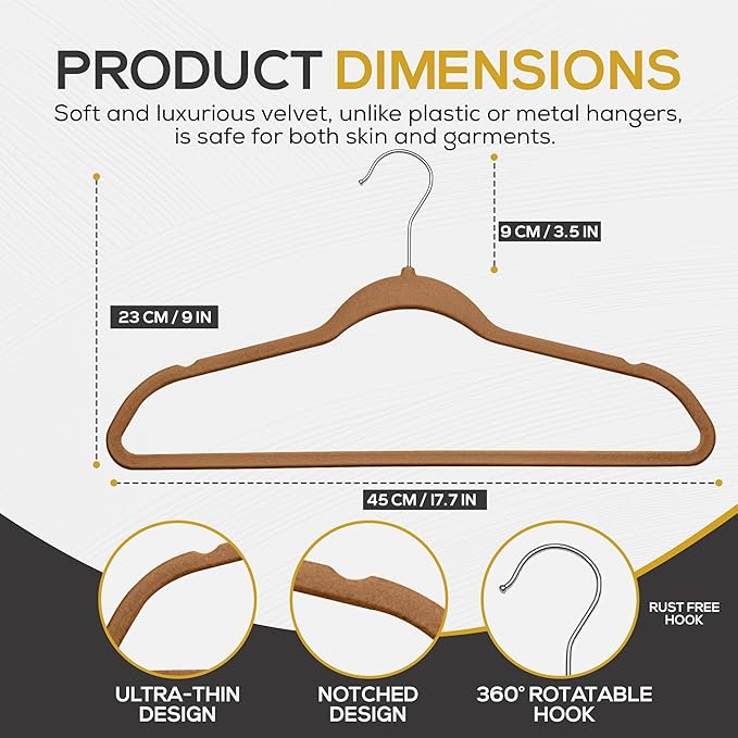 50 Pack New Premium Quality Velvet Hangers Ultra Thin Non Slip Adult Felt Space Saving Hangers for Closet Heavy Duty Coat Pants Jackets Dress Hangers 360° Swivel Hook Hold Upto 10 lbs Bronze