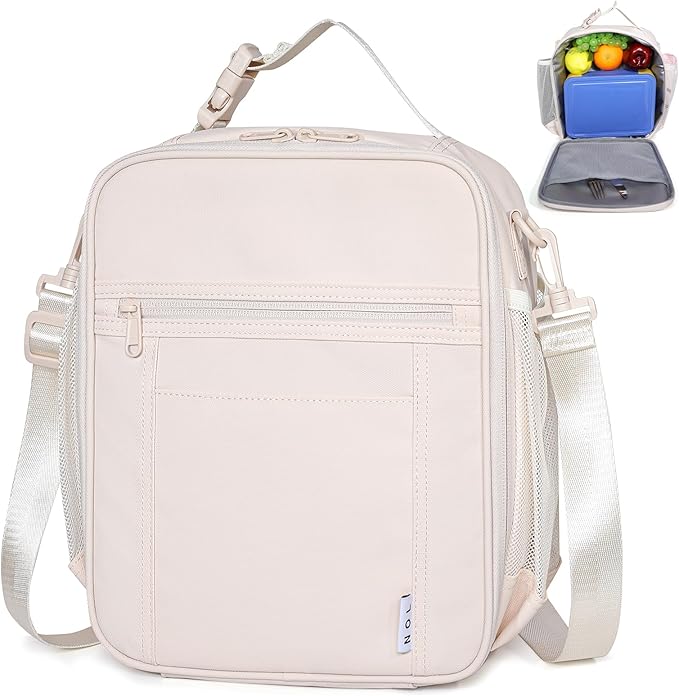 NOL Nylon Waterproof Kids Lunch Bag, Insulated Lunch Bag, Lunch box Cooler, Reusable, Zip Closure with Buckle Handle Holds Lunch Box, Snacks & Water Bottle for School Work, Cream
