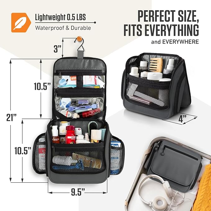 VENTURE 4TH Hanging Travel Toiletry Bag for Women & Men - Travel Organizer with Expandable Compartments & Removable Clear Pouch for Toiletries (Shadow Gray)