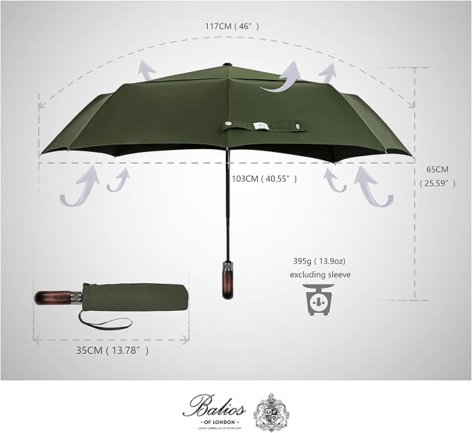 Balios Travel Folding Umbrella with Real Wood Handle Auto Open Close Vented Windproof Canopy - Designed in UK