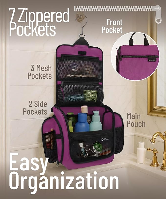 D&D Hanging Travel Toiletry Bag for Men and Women – Large Cosmetics, Makeup and Toiletries Organizer Kit with 10 Compartments, YKK Zippers, XXL Metal Swivel Hook, Water-Resistant Nylon