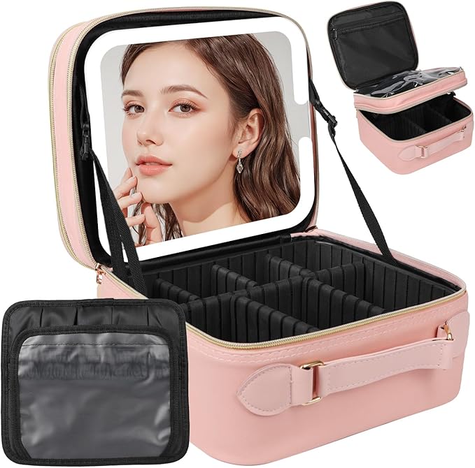 Travel Makeup Bag with LED Mirror Double Layer, Detachable Vanity Mirror with Lights, Tri-light Dimmable, Makeup Case with Adjustable Dividers and Brush Holder Cosmetic Organizer Storage Box