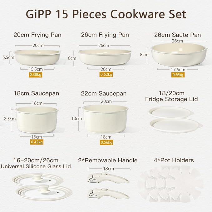 GiPP Ceramic Pots and Pans Set Non Stick, Nonstick Detachable Handle Cookware Sets, Healthy Non Toxic PFAS PFOA & PTFE Free, Dishwasher ＆Oven Safe, Induction Kitchen Pot and Pan, 15 Piece Cream