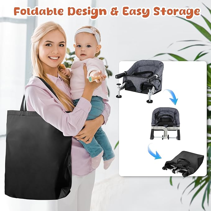 Hook On High Chair, Jozzve Baby High Chair, Portable High Chair for Travel, Foldable Fast Table Chair with Storage Bag, Baby Feeding Seat Clip On High Chair for Home and Travel (Grey)