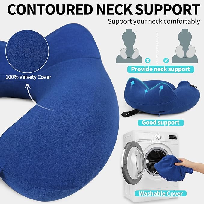 Inflatable Travel Neck Pillow for Airplane, Head Support Velvet Adult Neck Pillow for Long Flight, Kit with Eye Mask, Earplugs and Storage Bag,1, Navy Blue
