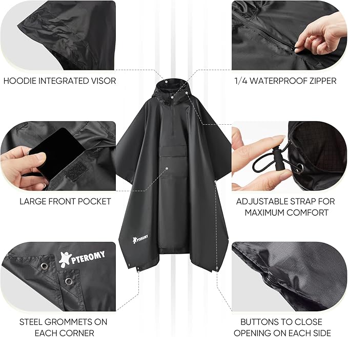 PTEROMY Hooded Rain Poncho for Adult with Pocket, Waterproof Lightweight Unisex Raincoat for Hiking Camping Emergency