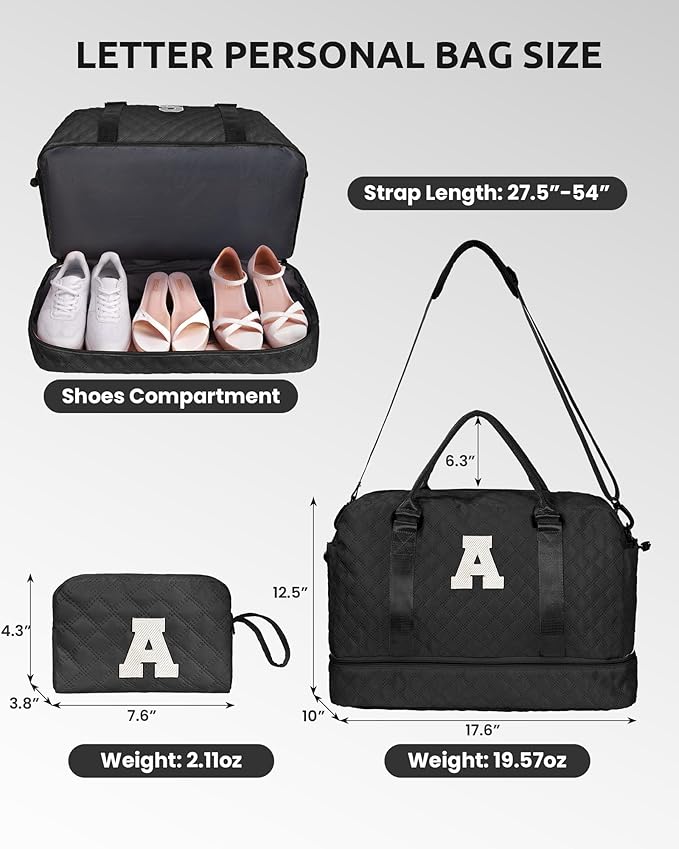 Gifts for Teen-Girls-Initial Duffle Bag with Shoe Compartment, Personalized Weekender Bag, Monogram Overnight Bag, Travel Bag with Makeup Bag，Birthday Gift Graduate Gifts for Her (Letter H)