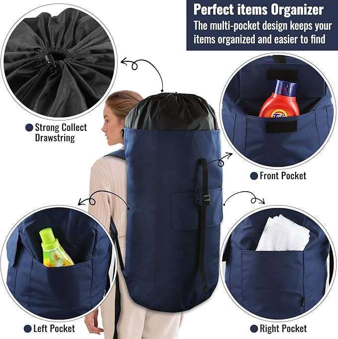 Laundry Bag Backpack, 125L Extra Large Travel Laundry Bags with Shoulder Straps, Adjustable & Extendable Design, Laundry Hamper Bag with 3 Pockets for Laundromat, College, Travel, Camping